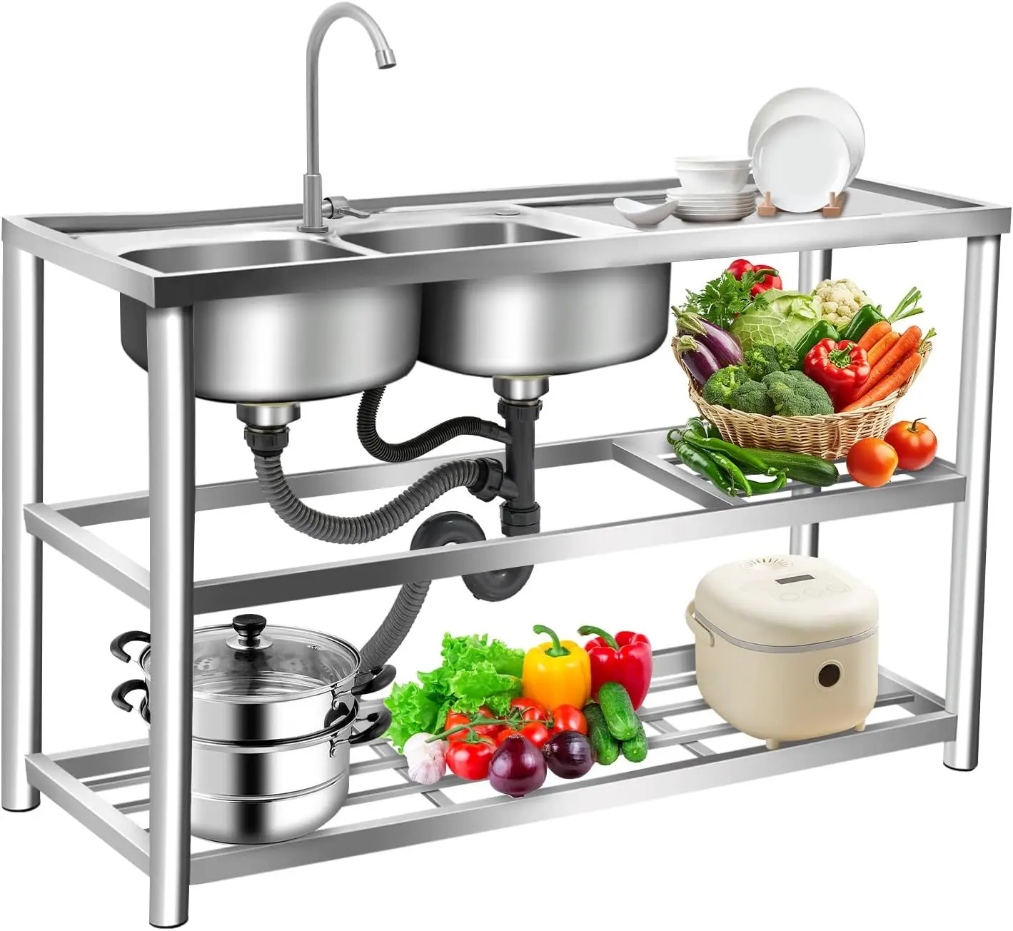 Commercial Kitchen Set - 3 Tiers Freestanding Stainless Steel Sink,