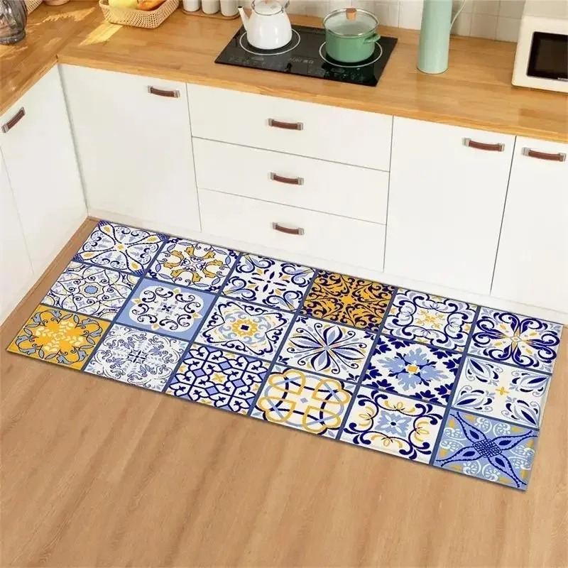 Commercial Kitchen Tile Flooring - Blue Yellow Vintage Tile Collage Kitchen